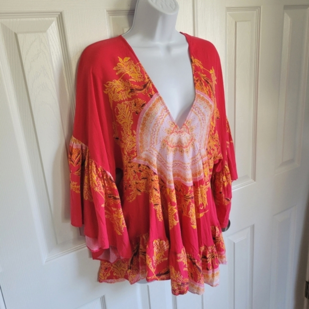 Free People Sunset Dreams boho print bell sleeve salmon color top women's‎ XS - Picture 4 of 16